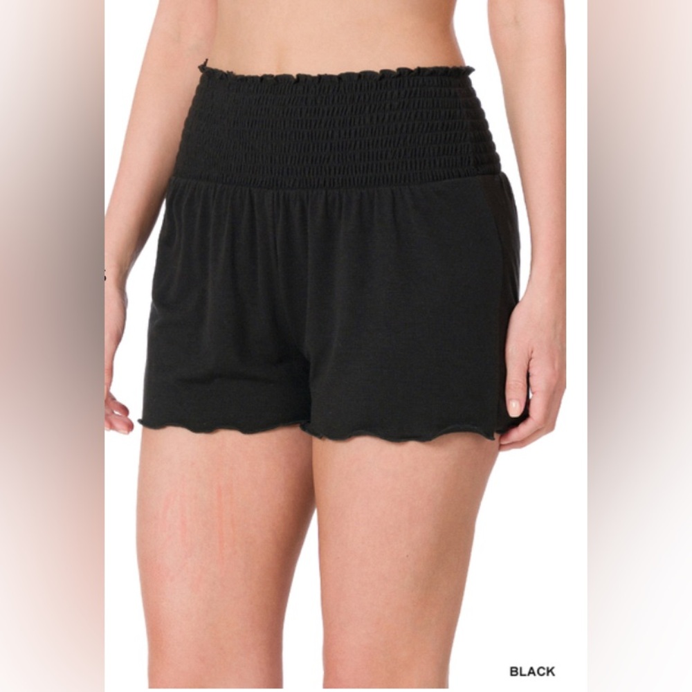 Zenana Outfitters Black Smocked High-Waist Lounge Shorts